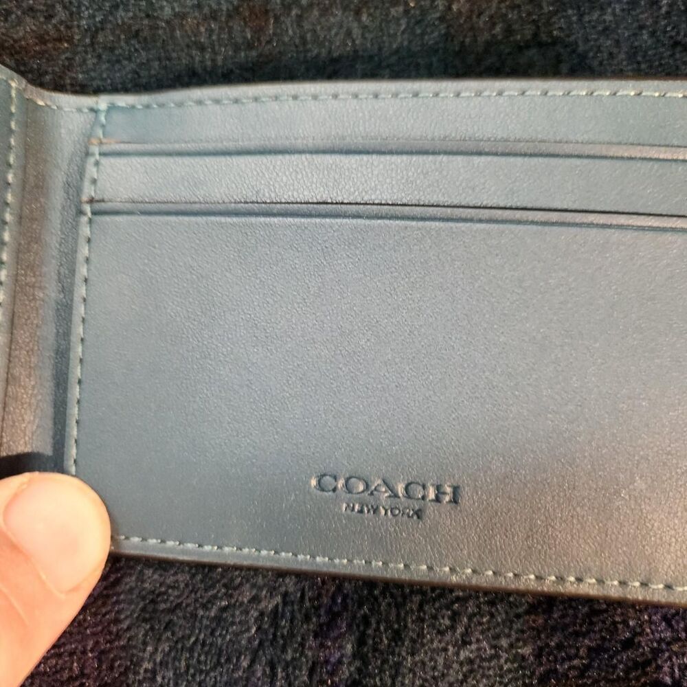 Coach Signature Print Blue Slim Bifold Wallet - Picture 3 of 4